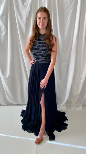 ALYCE Paris 60146 Navy High Neck Chiffon A-Line Dress - Size 00