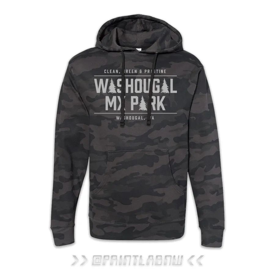 Camo Hoodies with "Clean, Green & Pristine" graphics
