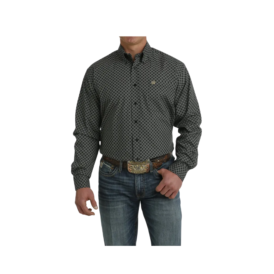 Cinch Men's Geometric Print Button Down Western Black Khaki Shirt