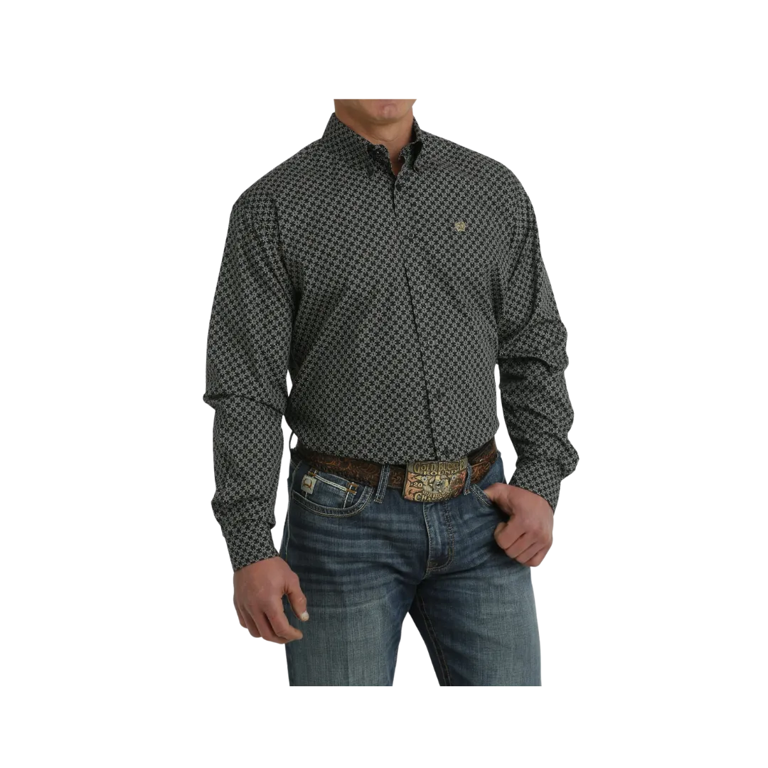 Cinch Men's Geometric Print Button Down Western Black Khaki Shirt