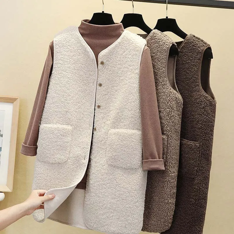 Fashionkova  2022 Autumn Long Vest Women Winter Thermal Waistcoat Warm Fleece Vest Female Sleeveless Jacket Ladies Vests For Women