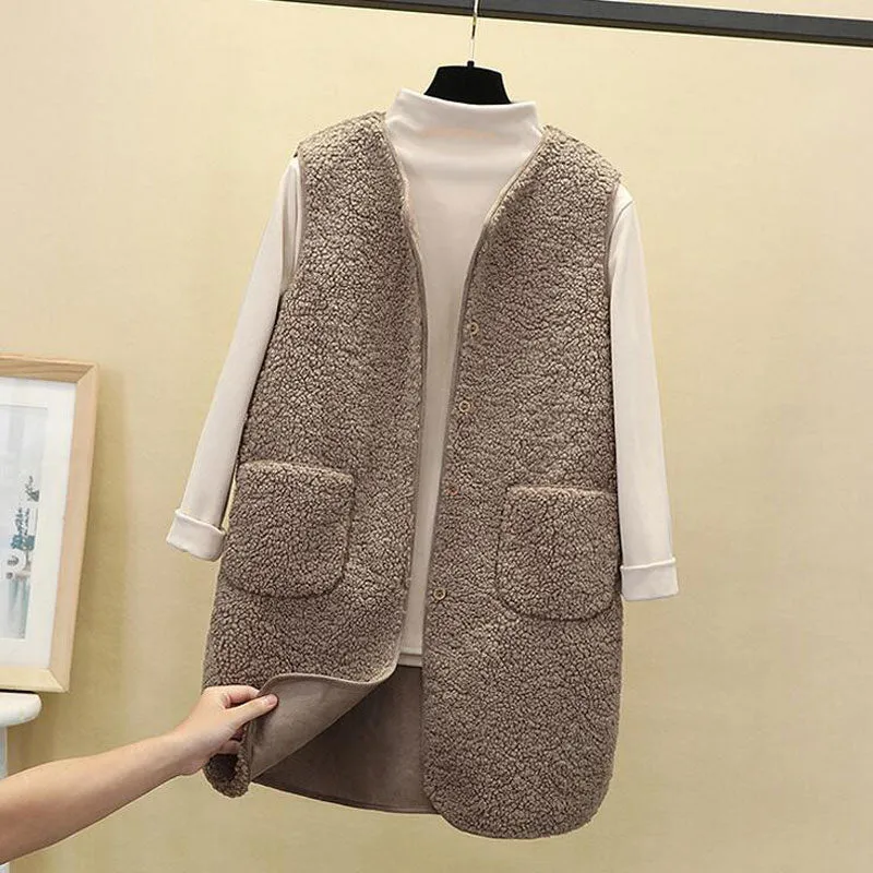 Fashionkova  2022 Autumn Long Vest Women Winter Thermal Waistcoat Warm Fleece Vest Female Sleeveless Jacket Ladies Vests For Women