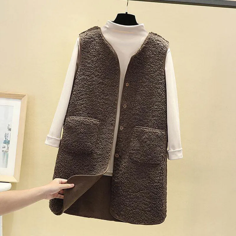 Fashionkova  2022 Autumn Long Vest Women Winter Thermal Waistcoat Warm Fleece Vest Female Sleeveless Jacket Ladies Vests For Women