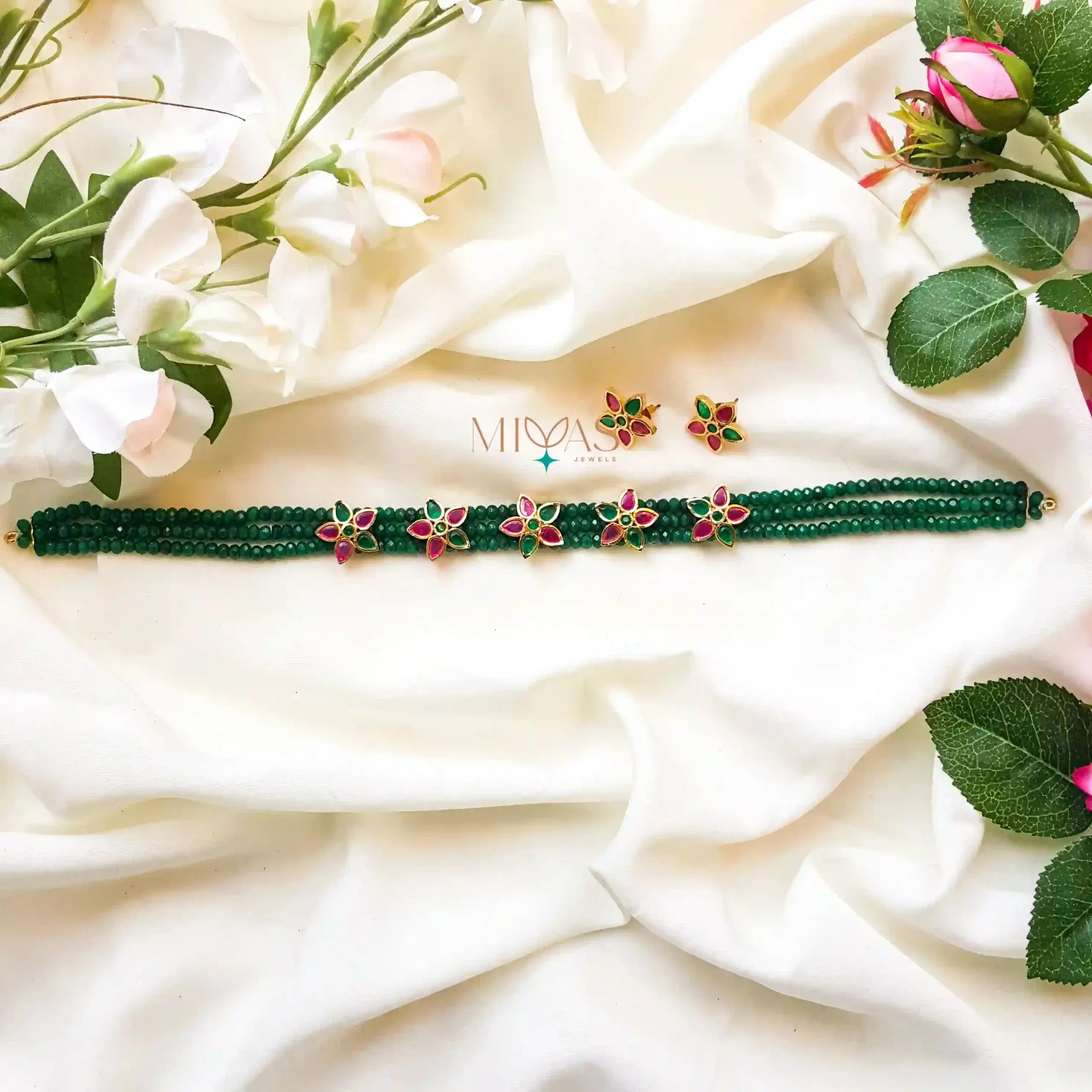 Floral High Neck Choker With Agate - Green