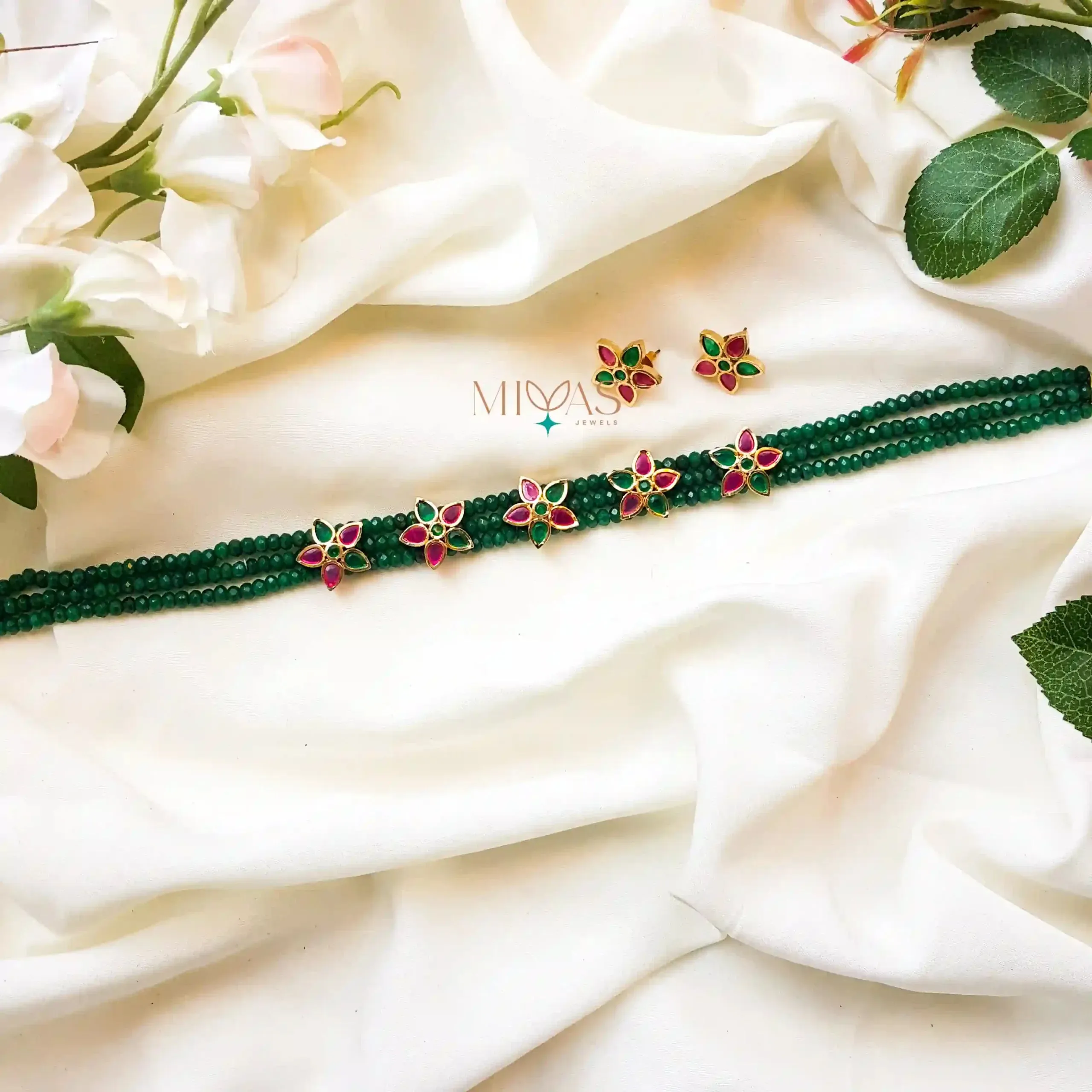 Floral High Neck Choker With Agate - Green