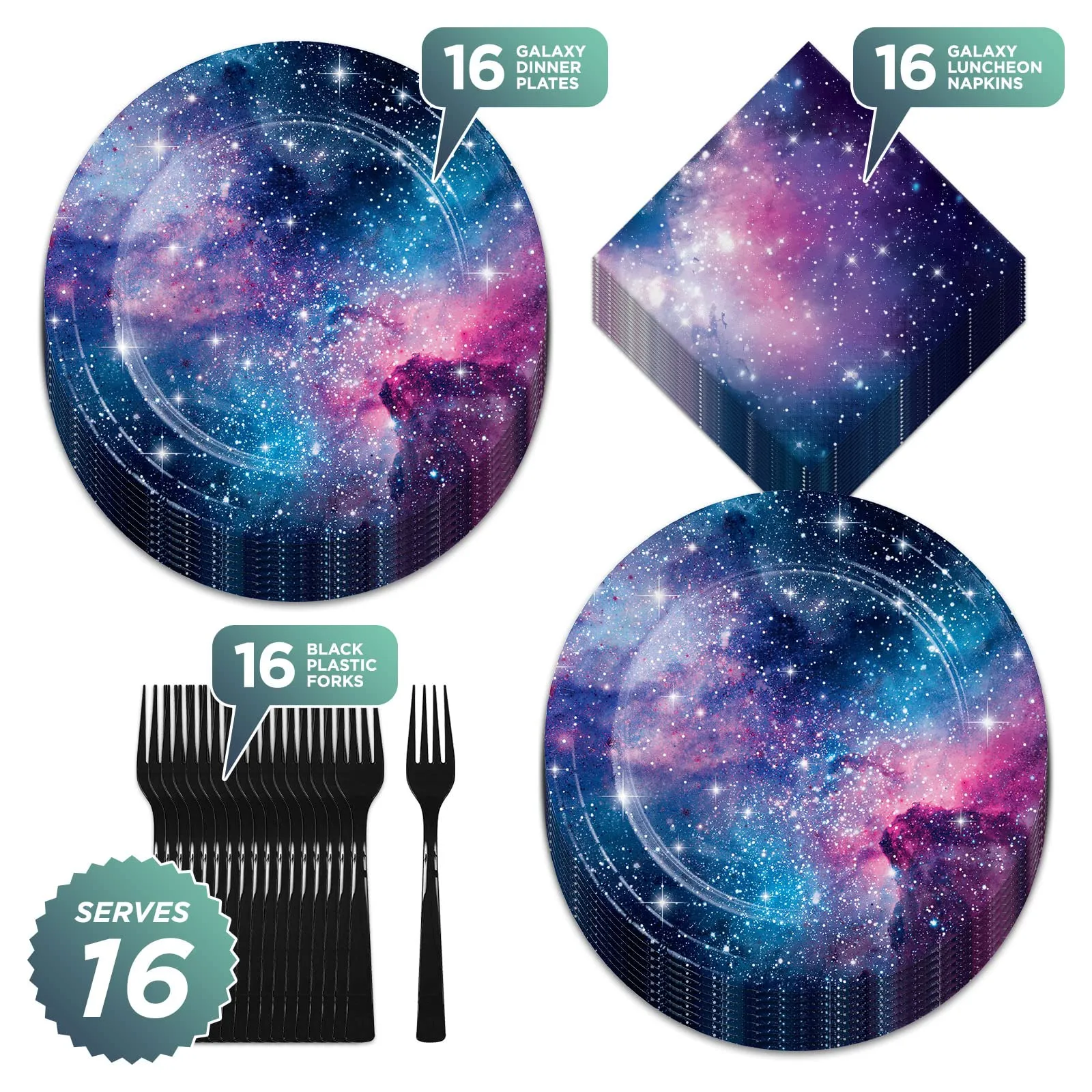 Galaxy Party Starry Night Paper Dinner Plates, Lunch Napkins, and Forks (Serves 16)
