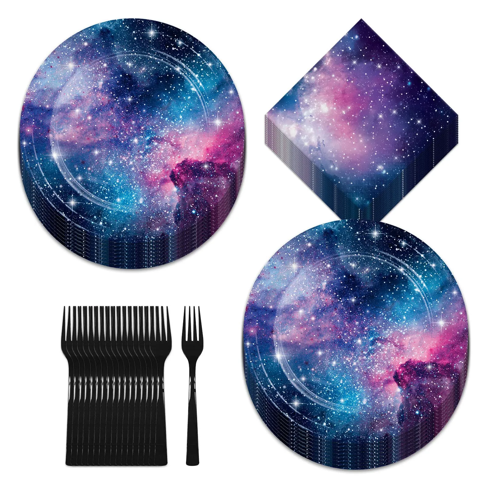 Galaxy Party Starry Night Paper Dinner Plates, Lunch Napkins, and Forks (Serves 16)