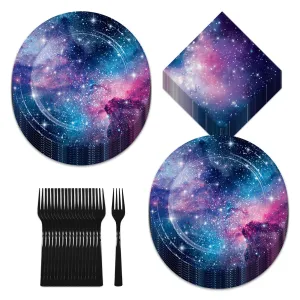 Galaxy Party Starry Night Paper Dinner Plates, Lunch Napkins, and Forks (Serves 16)