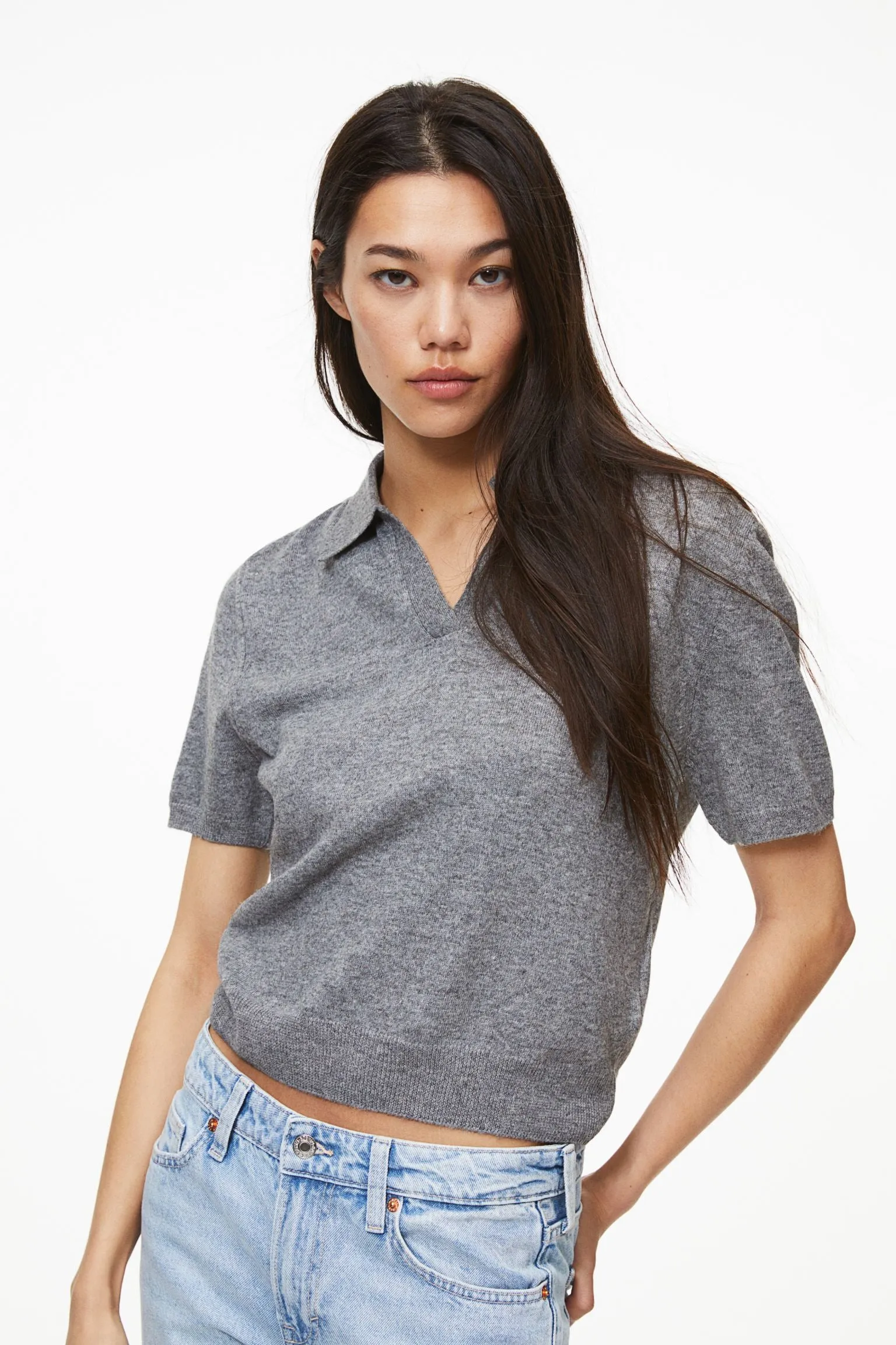 H&M Fine-knit Polo T-shirt, gray