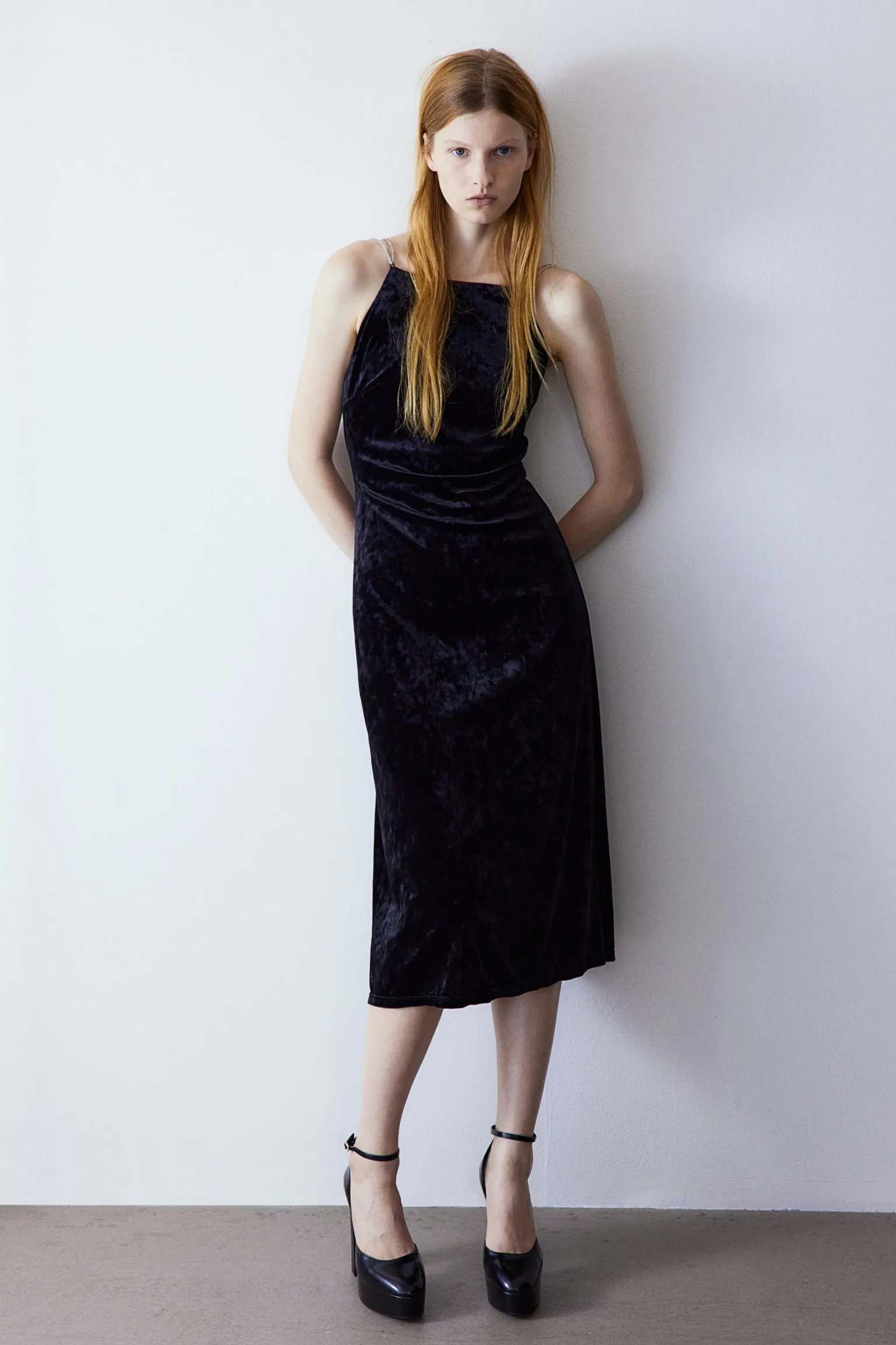 H&M Rhinestone-strap Velor dress, black