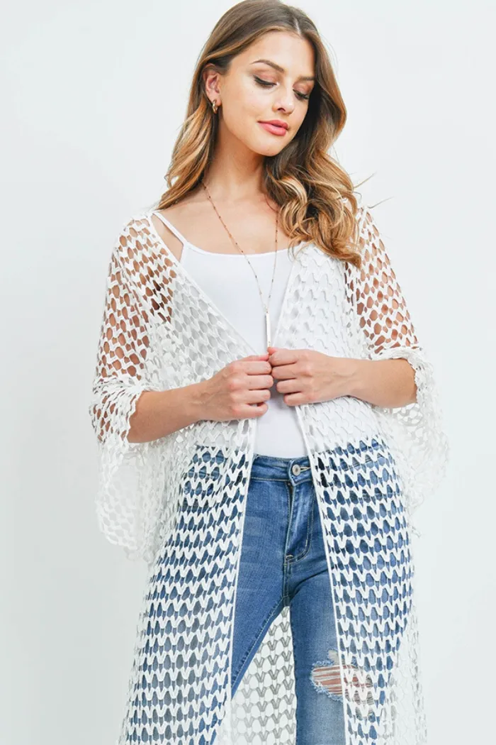 Long crocheted open cardigan