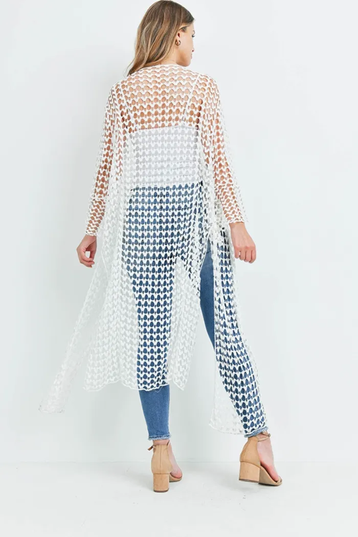 Long crocheted open cardigan