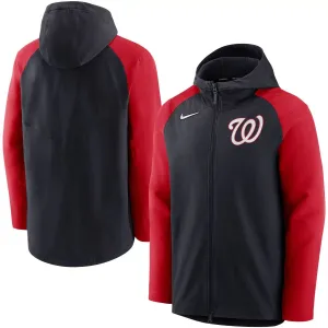 Men's Washington Nationals Authentic Collection Performance Raglan Nike Full Zip Hoodie Navy/Red