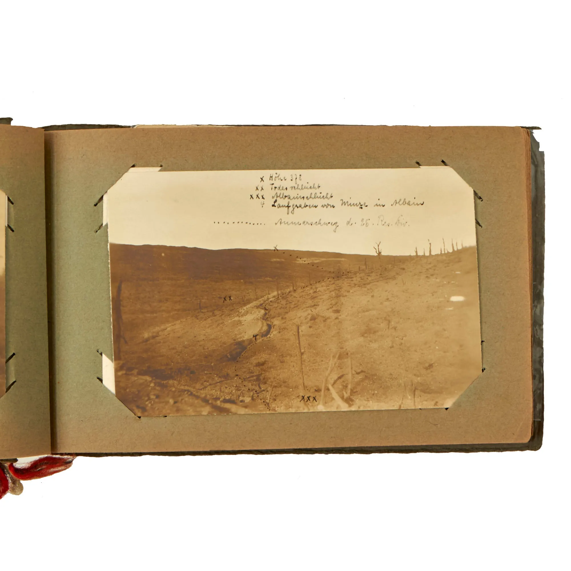 Original Imperial German WWI Photo Album with Unexploded Bomb, Ruins, and Ossuary Skulls with Unit Photos - 44 Photos & Postcards Total