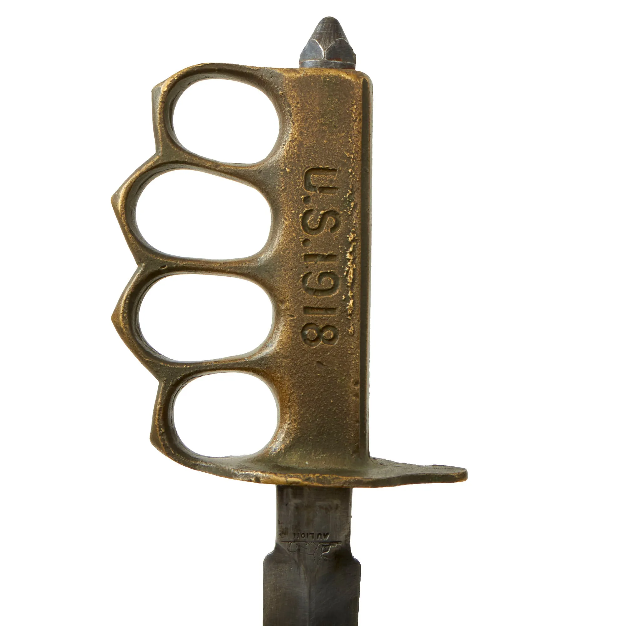 Original U.S. WWI Model 1918 French Made Mark I Trench Knife by AU LION with Correct Steel Scabbard