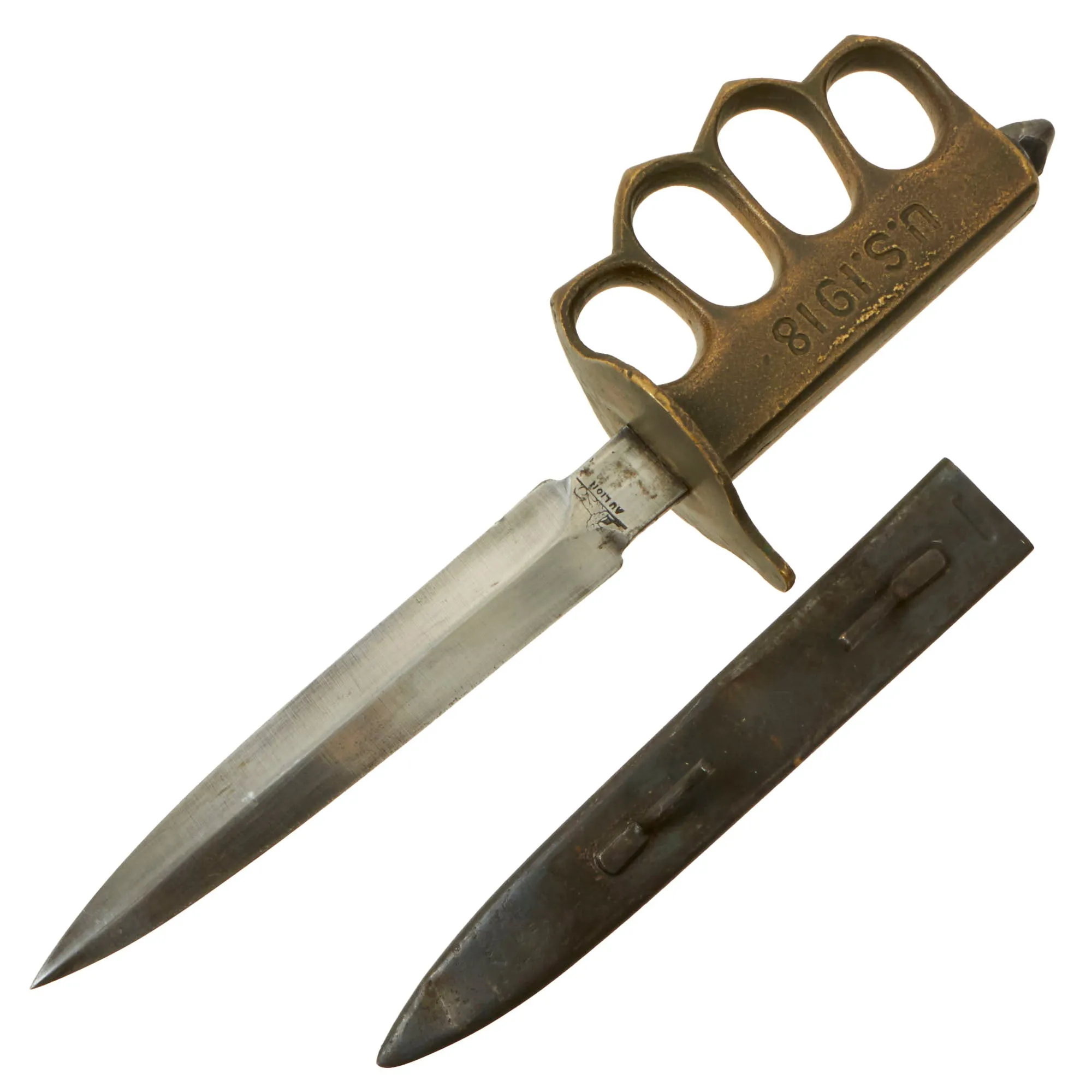 Original U.S. WWI Model 1918 French Made Mark I Trench Knife by AU LION with Correct Steel Scabbard
