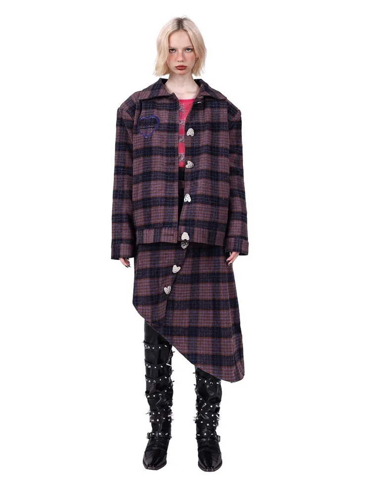 Plaid Metal Heart Jacket & Asymmetric Skirt Setup【s0000004350】