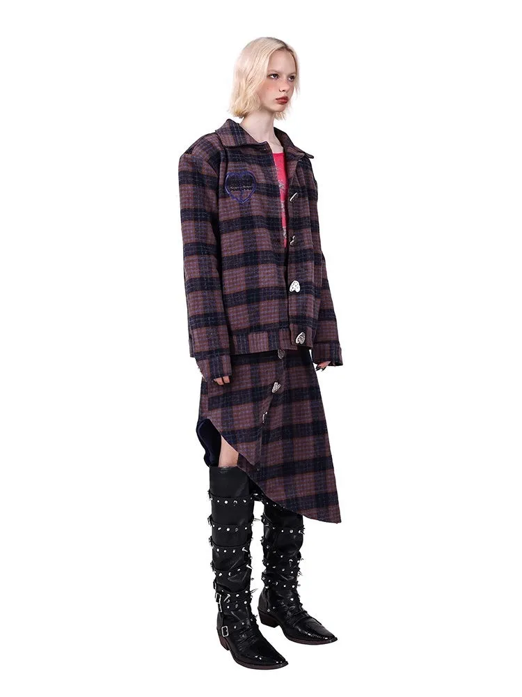 Plaid Metal Heart Jacket & Asymmetric Skirt Setup【s0000004350】