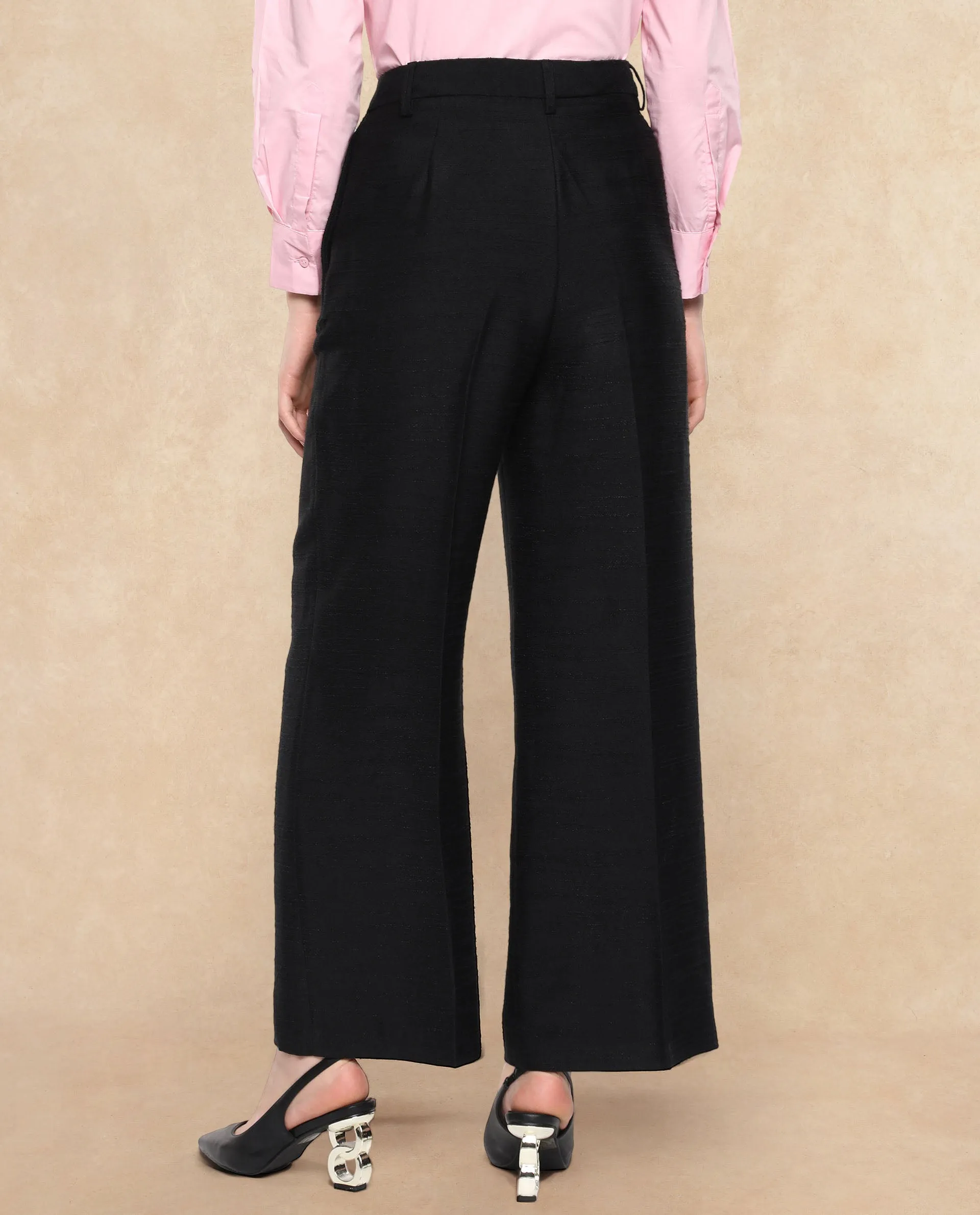 Rareism Women Pidet-B Black Satin Hook Closure Ankle Length Plain Trouser