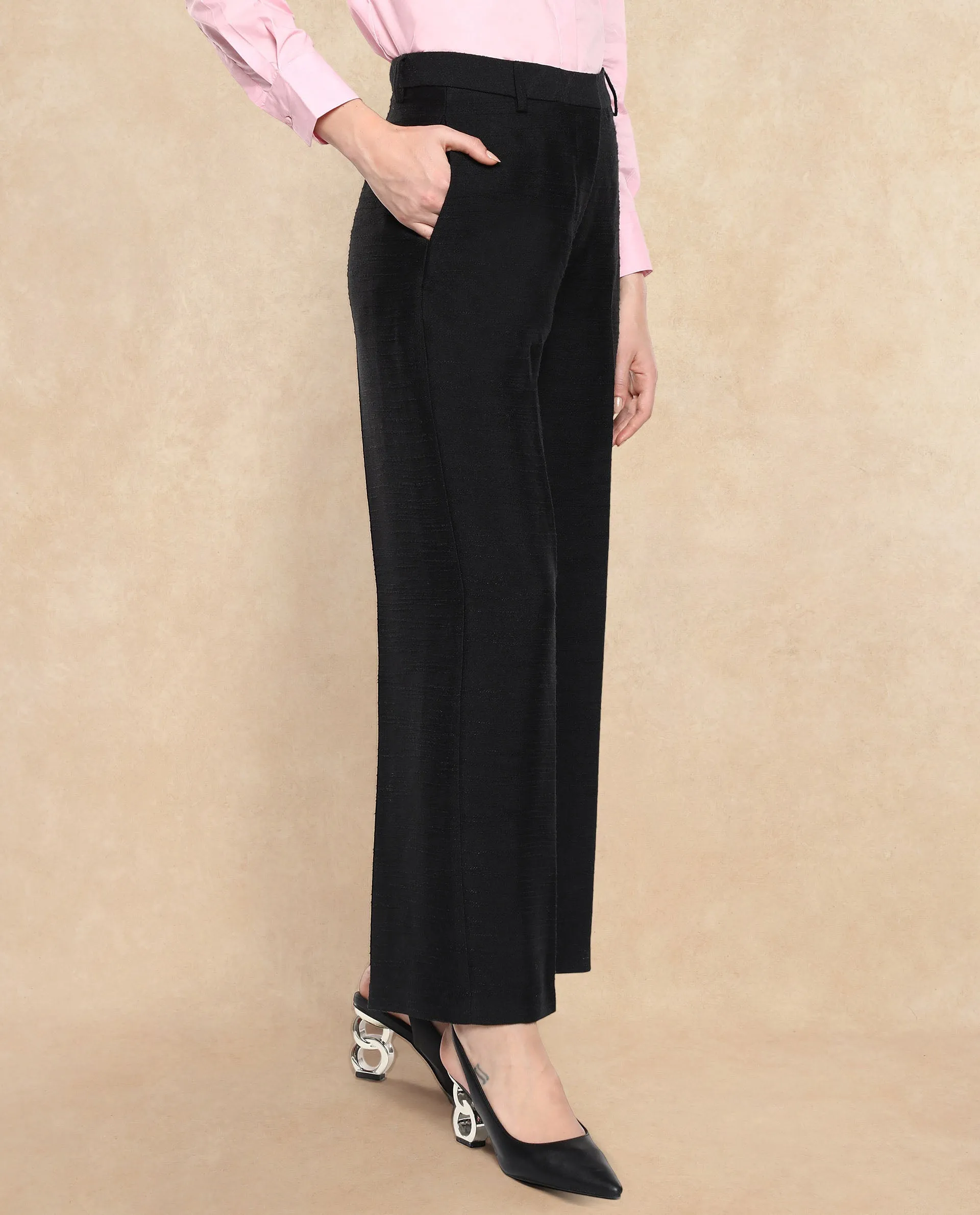 Rareism Women Pidet-B Black Satin Hook Closure Ankle Length Plain Trouser