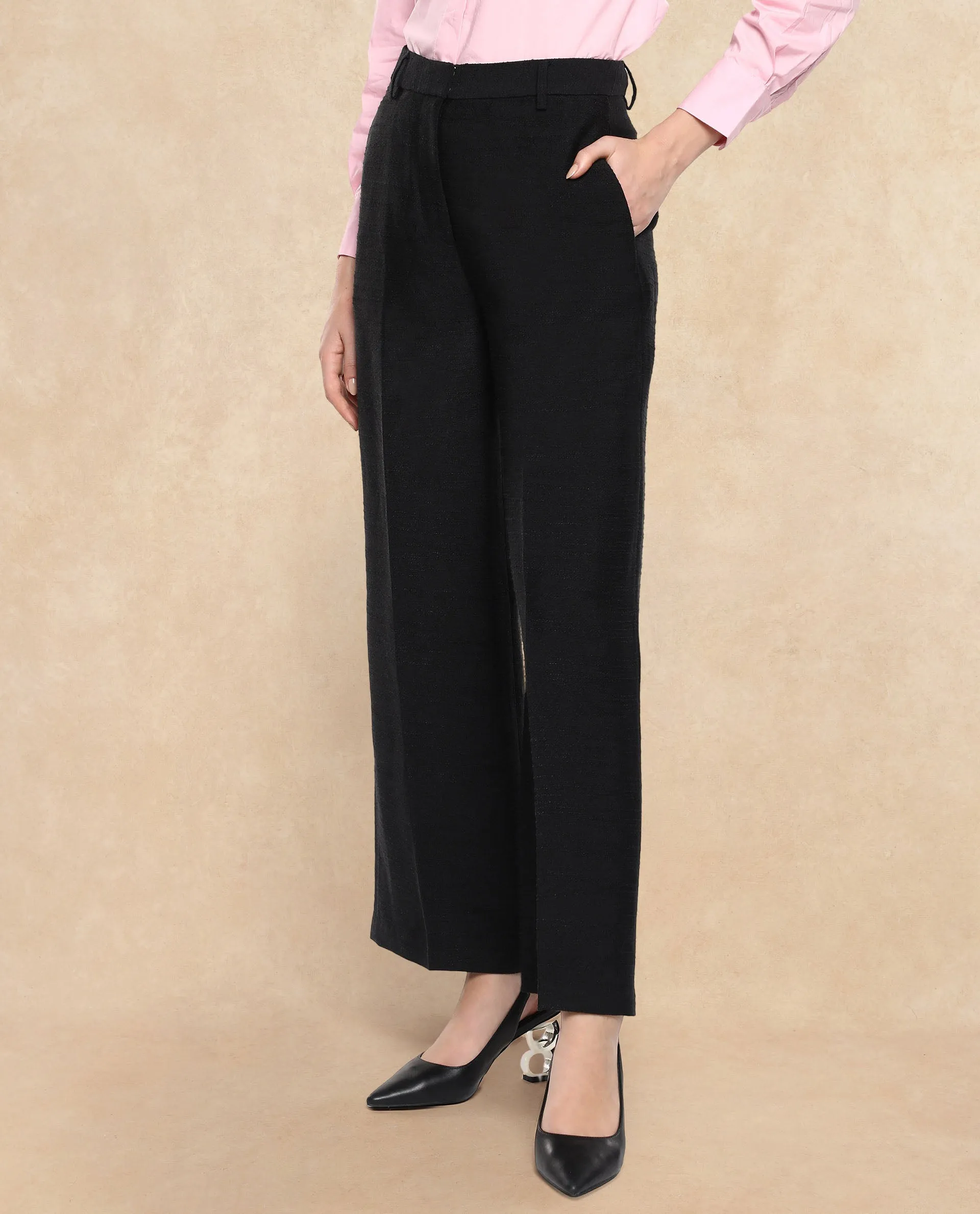 Rareism Women Pidet-B Black Satin Hook Closure Ankle Length Plain Trouser