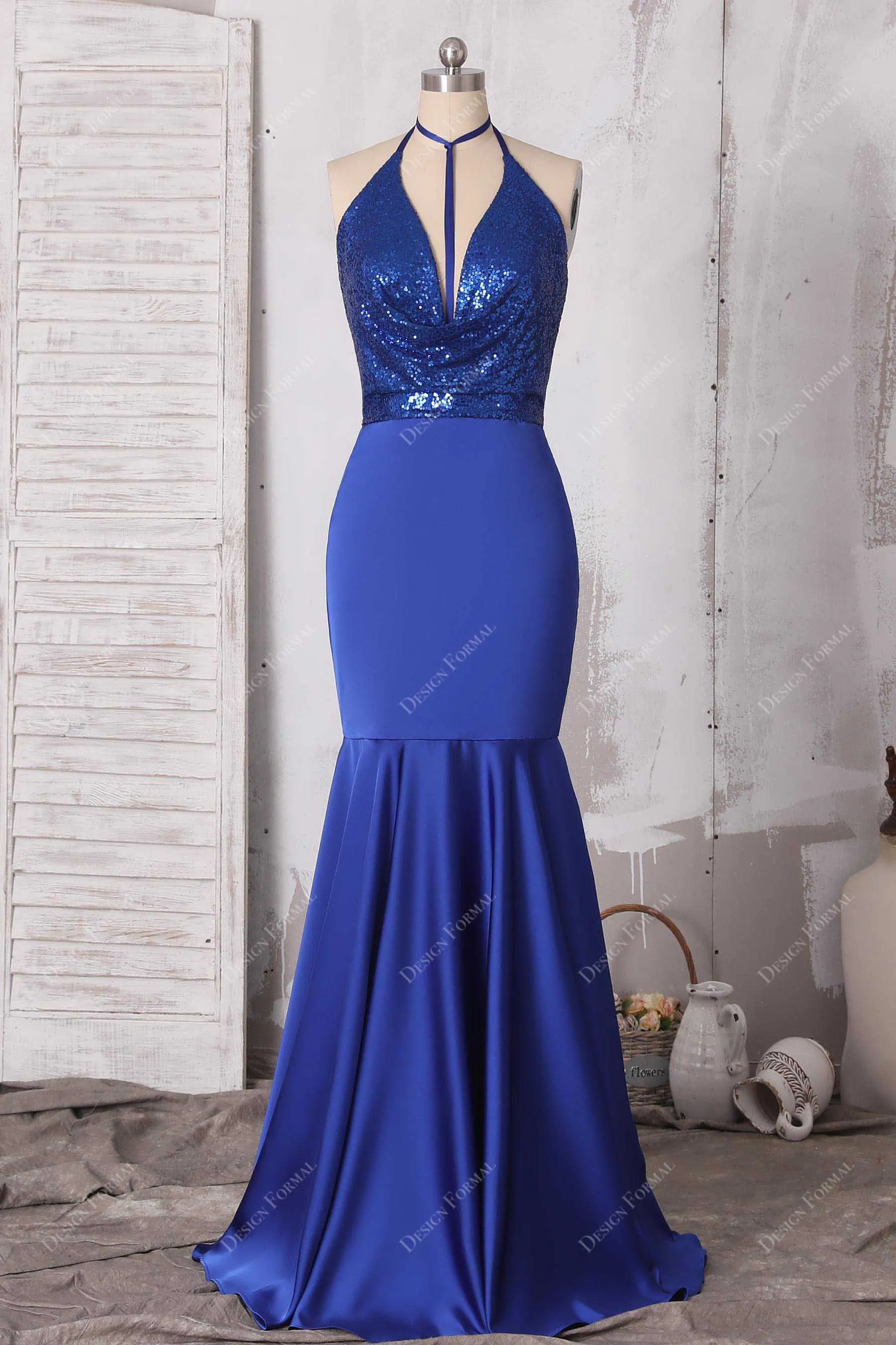 Royal Blue Sequin Satin Halter Cowl Neck Modern Unique Mermaid Dress