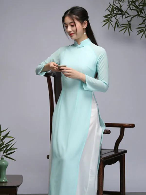 Tranditional Vietnam Dress Purple Long Cheongsam Ao Dai