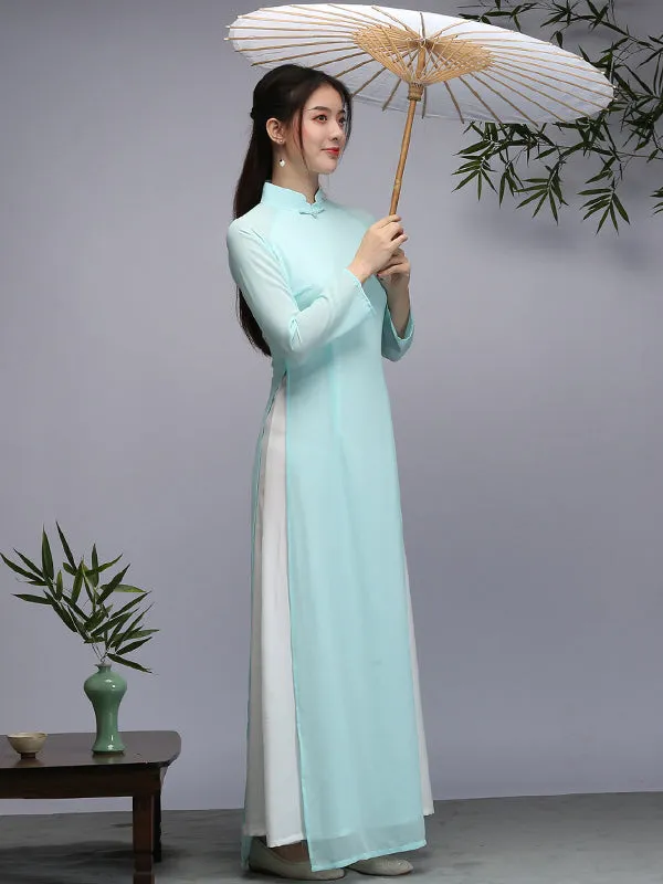 Tranditional Vietnam Dress Purple Long Cheongsam Ao Dai