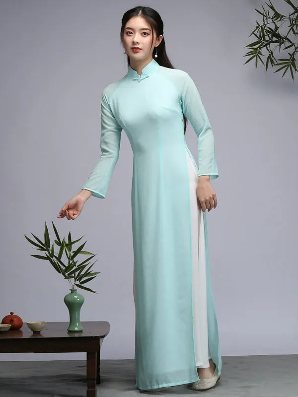 Tranditional Vietnam Dress Purple Long Cheongsam Ao Dai