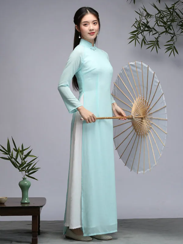 Tranditional Vietnam Dress Purple Long Cheongsam Ao Dai