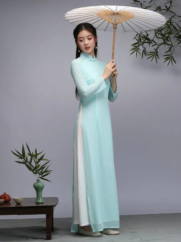 Tranditional Vietnam Dress Purple Long Cheongsam Ao Dai