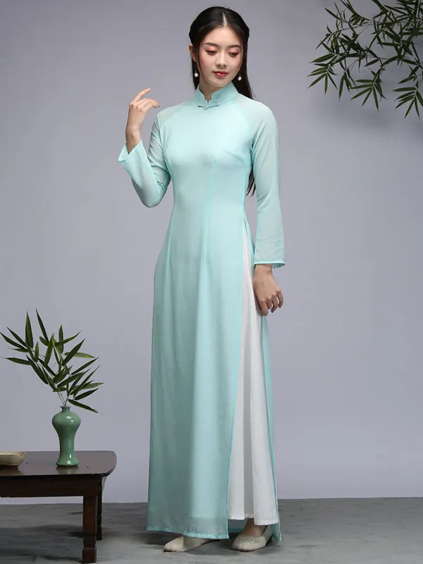 Tranditional Vietnam Dress Purple Long Cheongsam Ao Dai