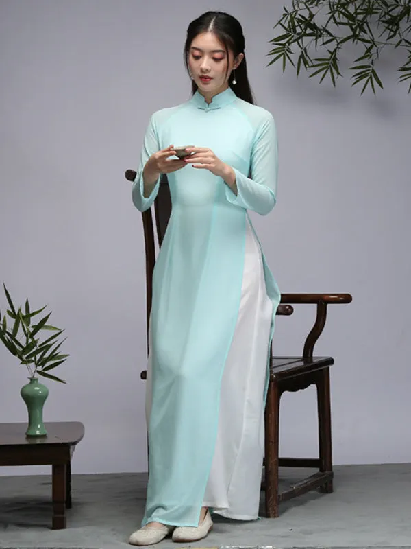 Tranditional Vietnam Dress Purple Long Cheongsam Ao Dai