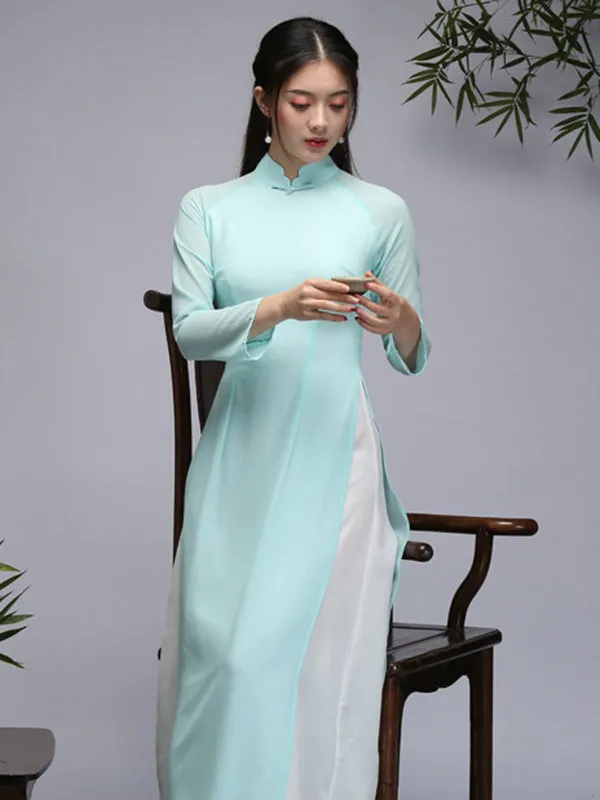 Tranditional Vietnam Dress Purple Long Cheongsam Ao Dai