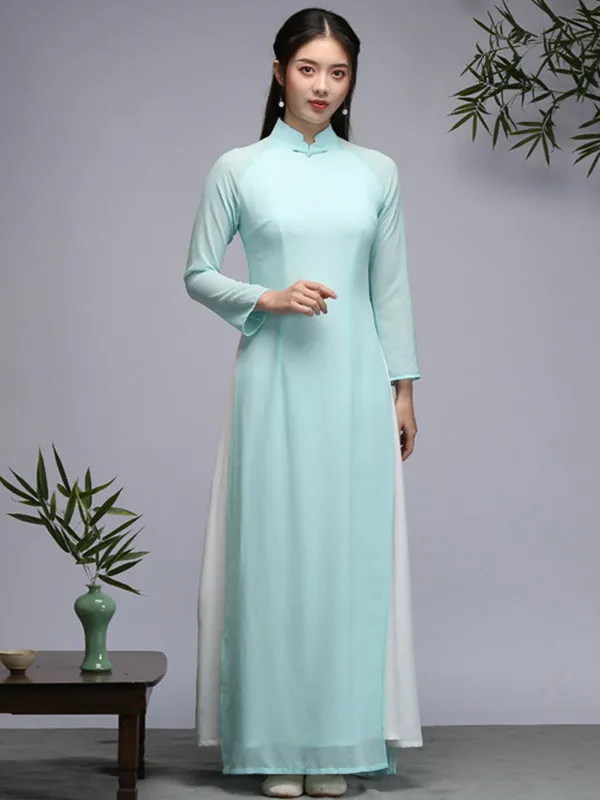 Tranditional Vietnam Dress Purple Long Cheongsam Ao Dai