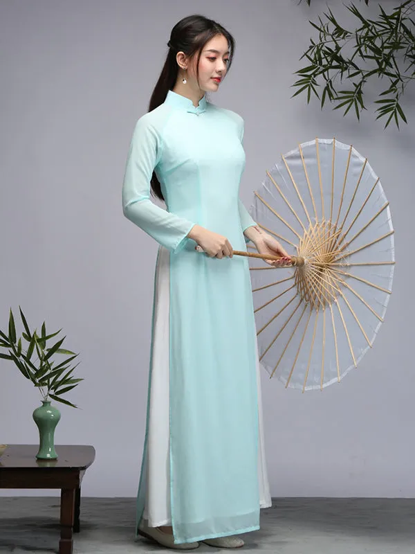 Tranditional Vietnam Dress Purple Long Cheongsam Ao Dai