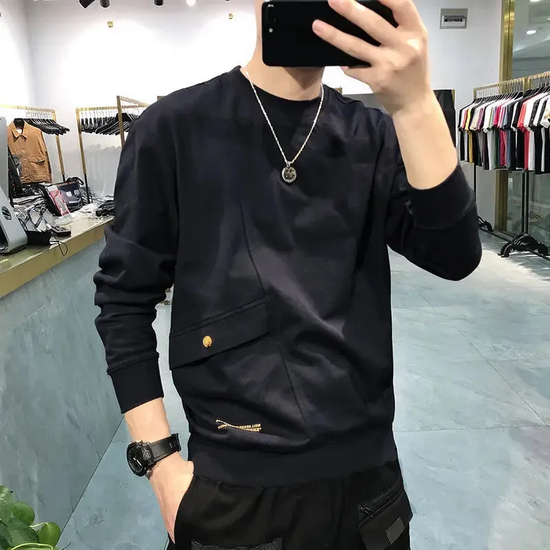 Wiaofellas  -  Fashion Printed Button Letter Pockets Casual T-Shirt Men Clothing Autumn New Loose Korean Pullovers All-match Tee Shirt