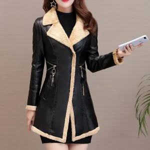 Women’s Black Genuine Sheepskin Lapel Collar Sherpa Shearling Faux Fur Lined Thick Warm Casual Classic Single Breasted Trench Style Leather Coat Jacket