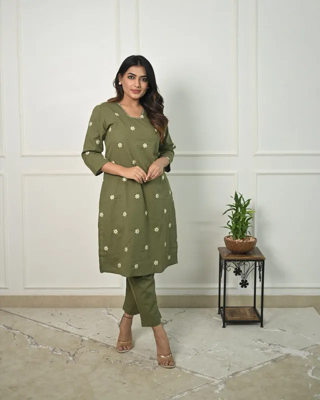 Women's Cotton Floral Embroidered Straight Kurta Set With Pant