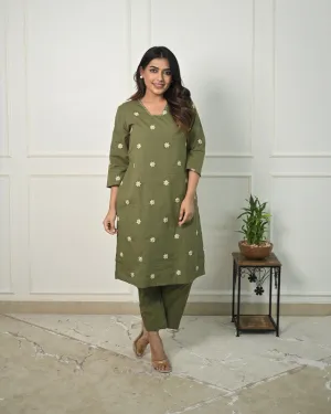 Women's Cotton Floral Embroidered Straight Kurta Set With Pant
