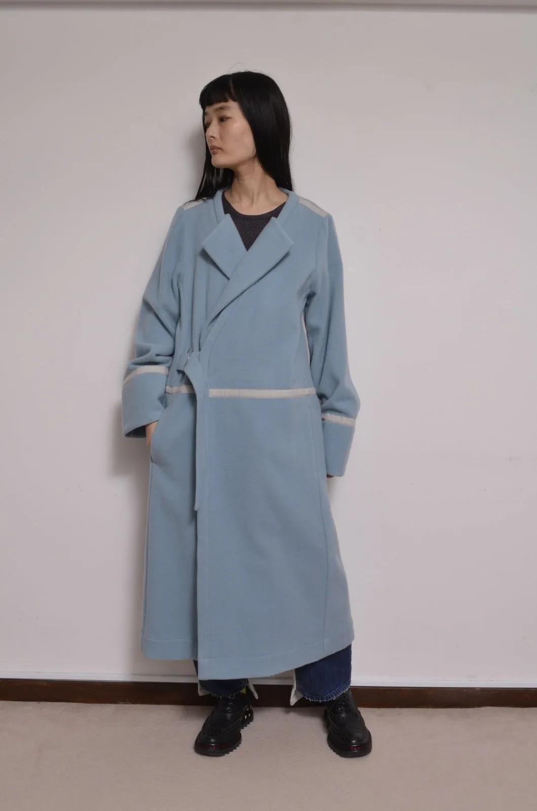 WOOL NO-COLLAR ROBE/MINT BLUE