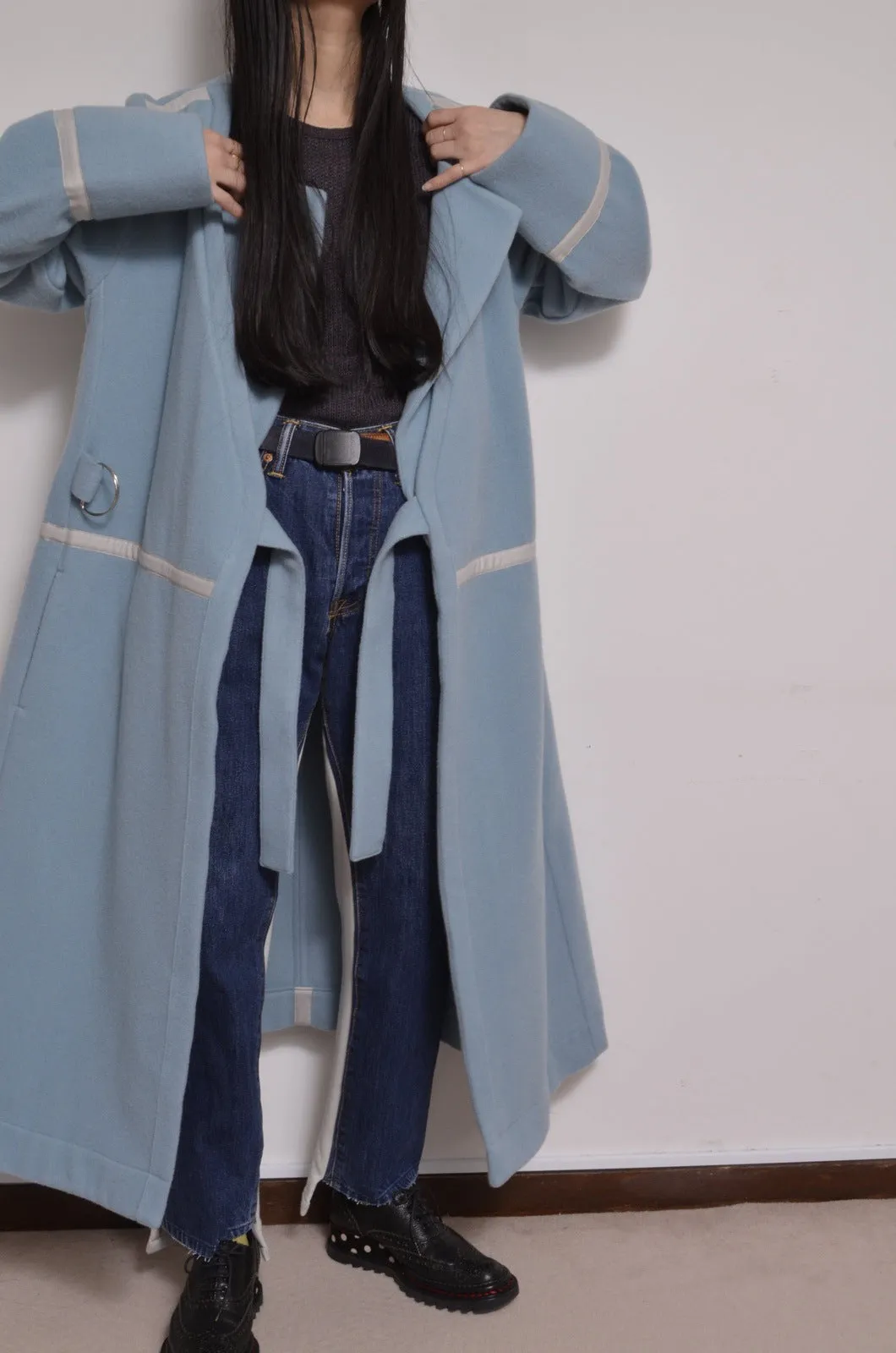 WOOL NO-COLLAR ROBE/MINT BLUE