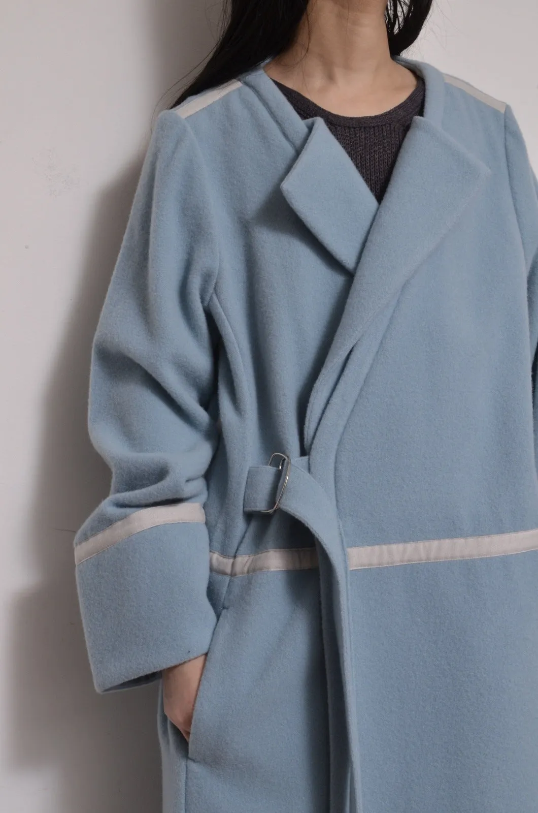 WOOL NO-COLLAR ROBE/MINT BLUE