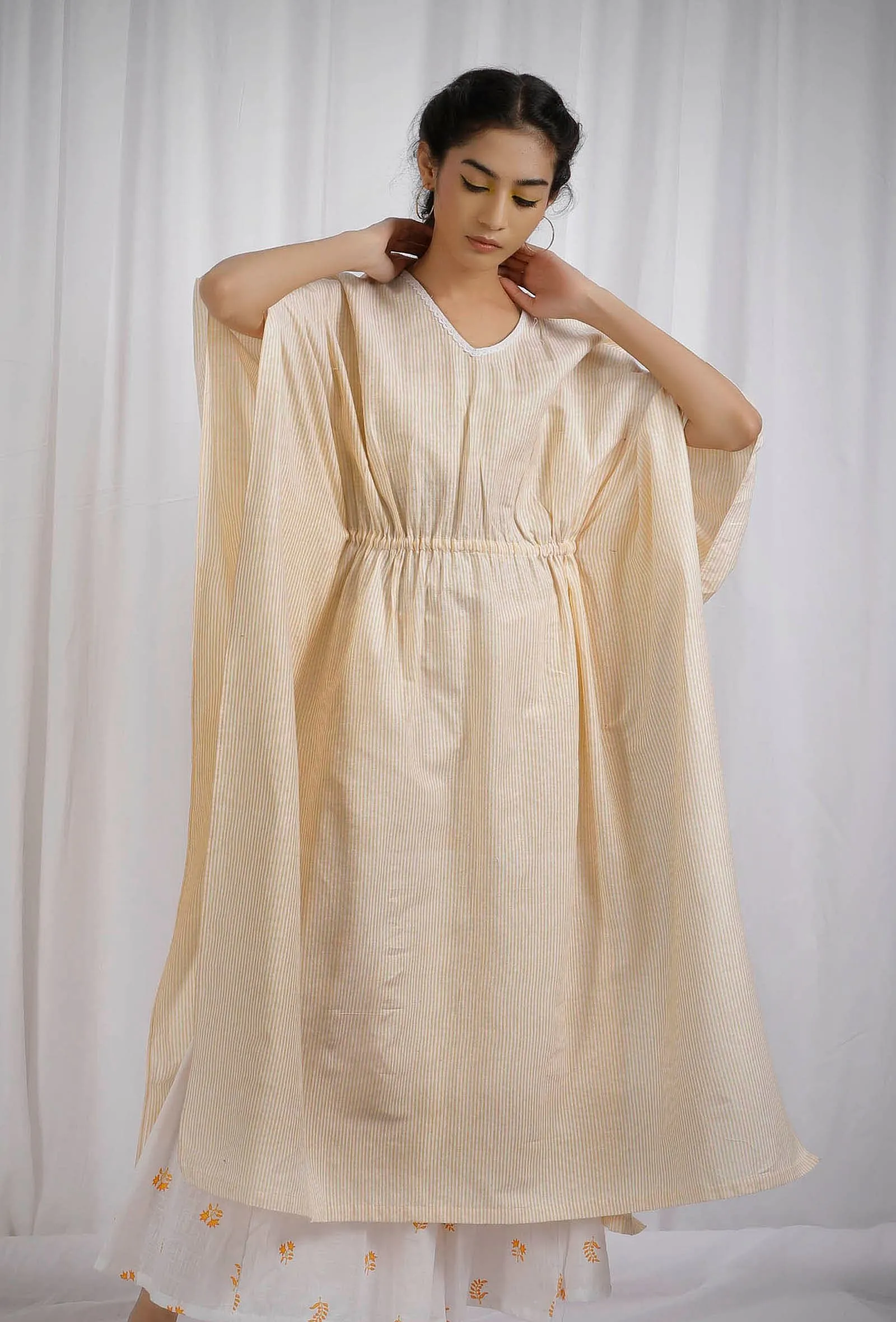 Yellow Cotton Kaftan Side Tie - Up Kurta
